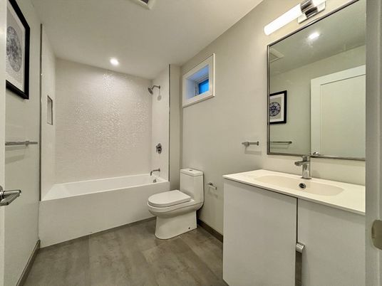 Bathroom, Interior, Recessed Lighting, Wood Texture Flooring