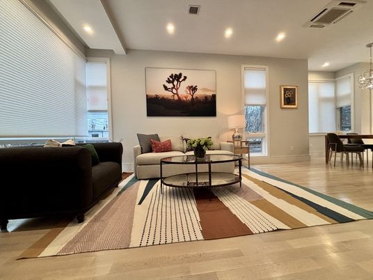 Dining room, Interior, Living room, Pendant Lights, Recessed Lighting, Wood Texture Flooring