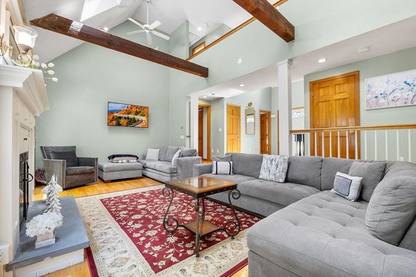 Fireplace, Interior, Living room, Recessed Lighting, Wooden Beams, Wood Texture Flooring