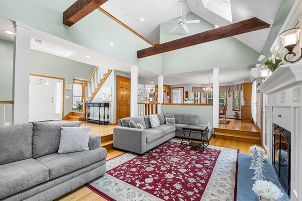 Fireplace, Interior, Living room, Pendant Lights, Recessed Lighting, Wooden Beams, Wood Texture Flooring