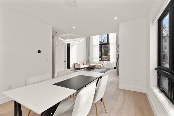 Dining room, Fireplace, Interior, Living room, Pendant Lights, Recessed Lighting, Wood Texture Flooring