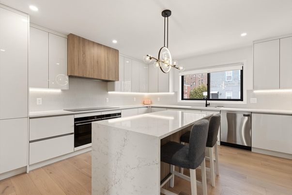 Interior, Kitchen, Pendant Lights, Recessed Lighting, Stainless Steel Appliances, Wood Texture Flooring