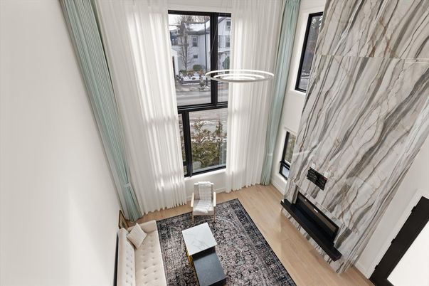 Fireplace, Interior, Living room, Marble Walls, Pendant Lights, Wood Texture Flooring