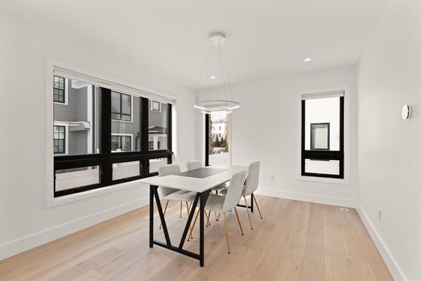 Dining room, Interior, Pendant Lights, Recessed Lighting, Wood Texture Flooring