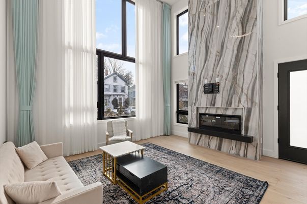 Fireplace, Interior, Living room, Marble Walls, Wood Texture Flooring