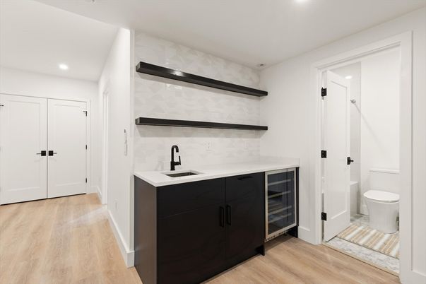 Bathroom, Interior, Marble Walls, Recessed Lighting, Wood Texture Flooring