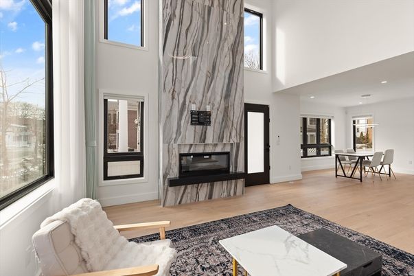 Dining room, Fireplace, Interior, Marble Walls, Pendant Lights, Recessed Lighting, Wood Texture Flooring