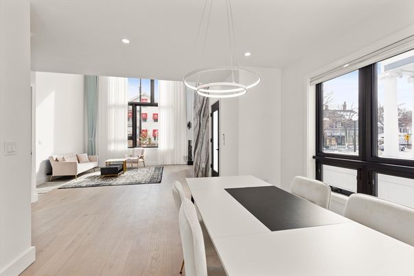 Dining room, Interior, Living room, Pendant Lights, Recessed Lighting, Wood Texture Flooring