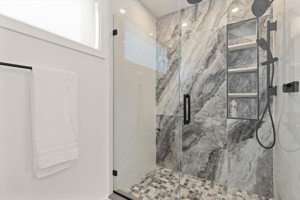 Bathroom, Glass Shower, Interior, Marble Walls, Recessed Lighting