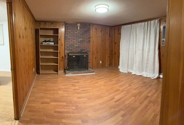 Empty room, Fireplace, Interior, Wood Texture Flooring, Wooden Walls
