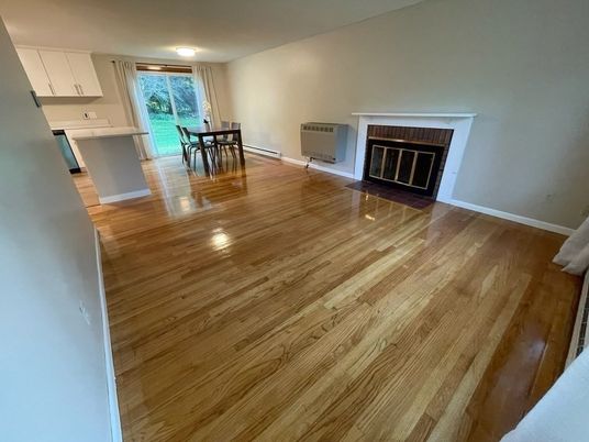 Dining room, Fireplace, Interior, Kitchen, Wood Texture Flooring