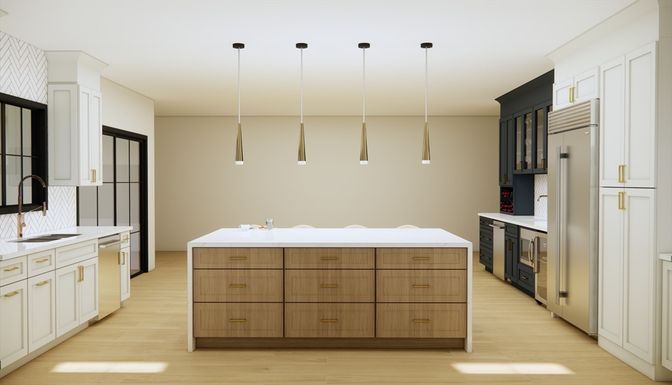Interior, Kitchen, Pendant Lights, Wood Texture Flooring