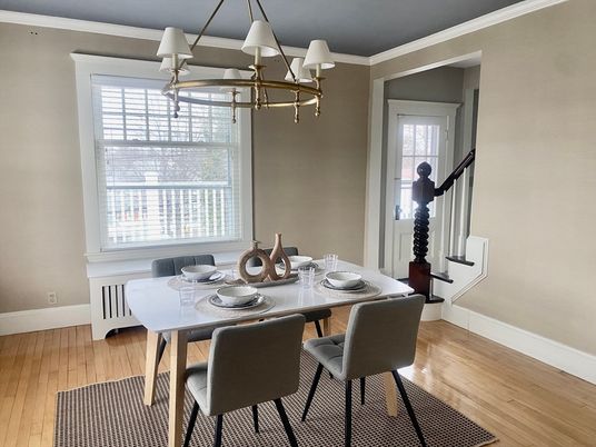 Chandelier, Dining room, Interior, Wood Texture Flooring