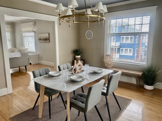 Chandelier, Dining room, Interior, Wood Texture Flooring