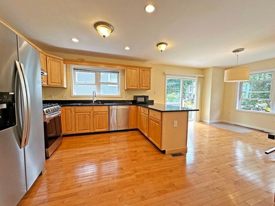 Interior, Kitchen, Pendant Lights, Recessed Lighting, Stainless Steel Appliances, Wood Texture Flooring