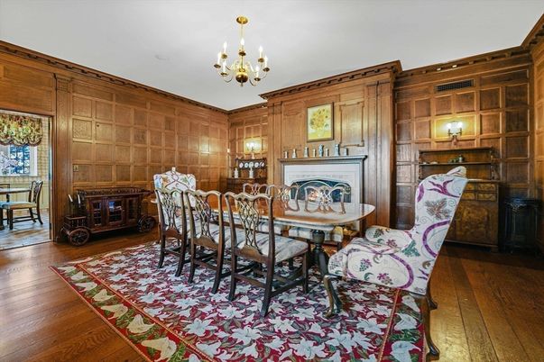 Chandelier, Dining room, Fireplace, Interior, Wood Texture Flooring, Wooden Walls