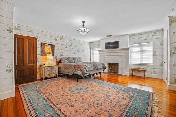 Bedroom, Fireplace, Interior, Wood Texture Flooring
