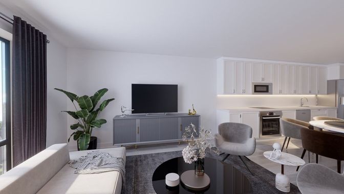 Dining room, Interior, Kitchen, Living room, Stainless Steel Appliances, Wood Texture Flooring