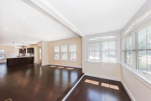 Empty room, Interior, Kitchen, Pendant Lights, Recessed Lighting, Stainless Steel Appliances, Wood Texture Flooring