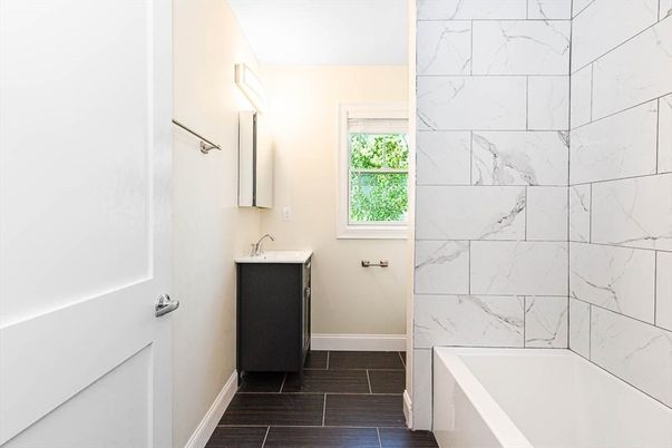 Bathroom, Interior, Marble Walls, Wood Texture Flooring