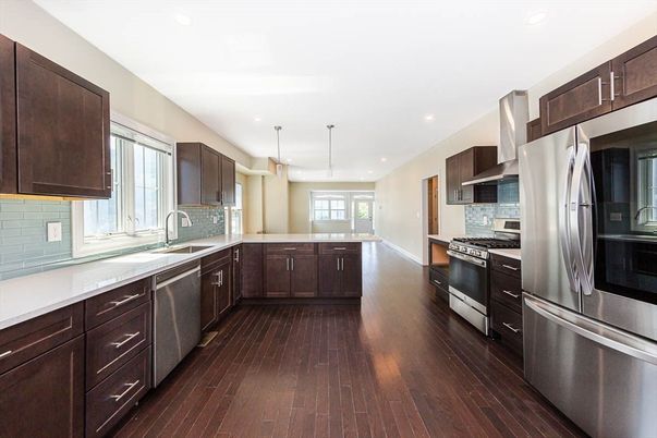 Interior, Kitchen, Pendant Lights, Recessed Lighting, Stainless Steel Appliances, Wood Texture Flooring