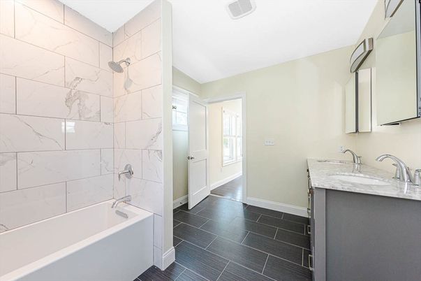 Bathroom, Interior, Marble Walls, Wood Texture Flooring