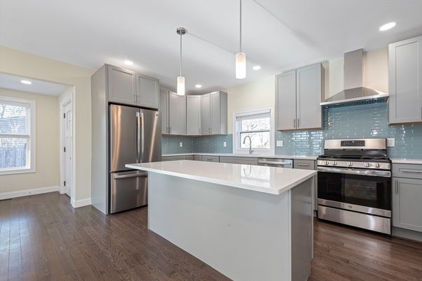 Interior, Kitchen, Pendant Lights, Recessed Lighting, Stainless Steel Appliances, Wood Texture Flooring
