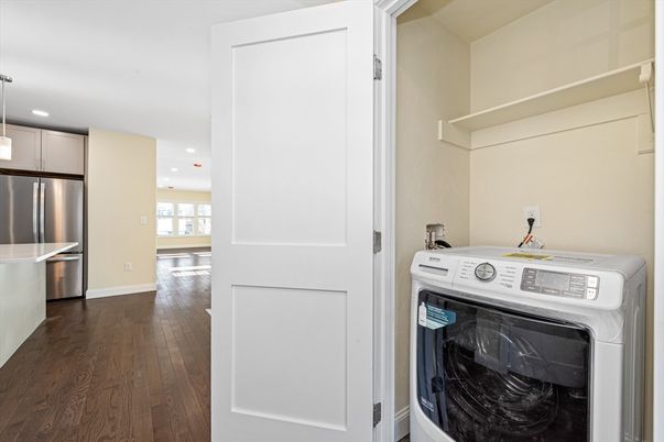 Interior, Kitchen, Recessed Lighting, Stainless Steel Appliances, Washer, Wood Texture Flooring