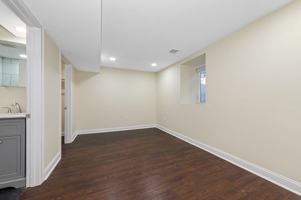 Bathroom, Empty room, Interior, Recessed Lighting, Wood Texture Flooring