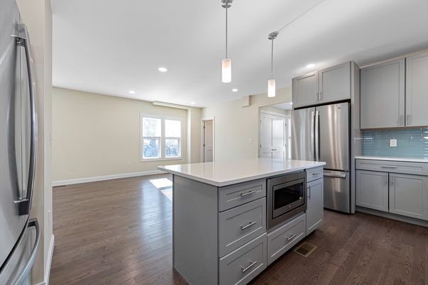Interior, Kitchen, Pendant Lights, Recessed Lighting, Stainless Steel Appliances, Wood Texture Flooring