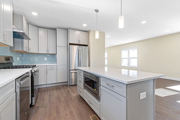 Interior, Kitchen, Pendant Lights, Recessed Lighting, Stainless Steel Appliances, Wood Texture Flooring