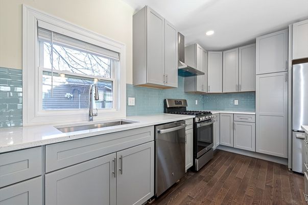 Interior, Kitchen, Recessed Lighting, Stainless Steel Appliances, Wood Texture Flooring