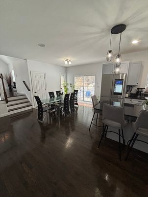 Dining room, Interior, Kitchen, Pendant Lights, Recessed Lighting, Wood Texture Flooring