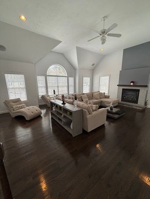 Fireplace, Interior, Living room, Recessed Lighting, Wood Texture Flooring