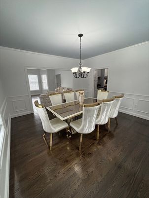 Chandelier, Dining room, Interior, Wood Texture Flooring