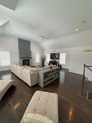 Fireplace, Interior, Living room, Recessed Lighting, Wood Texture Flooring