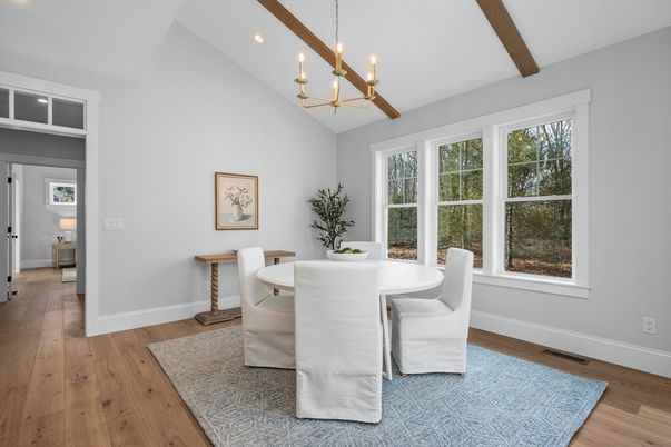 Chandelier, Dining room, Interior, Recessed Lighting, Wooden Beams, Wood Texture Flooring