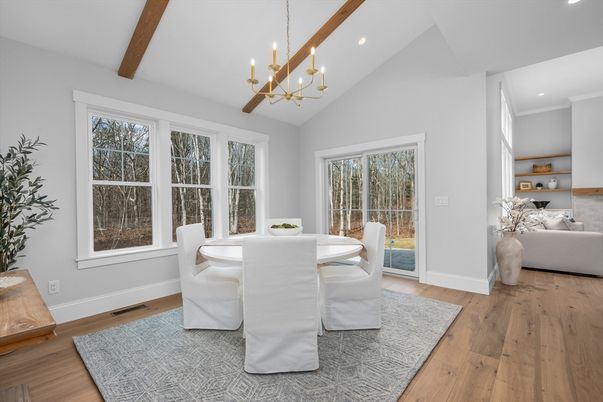 Chandelier, Dining room, Interior, Recessed Lighting, Wooden Beams, Wood Texture Flooring