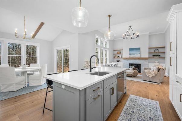Chandelier, Dining room, Fireplace, Interior, Kitchen, Living room, Pendant Lights, Recessed Lighting, Wood Texture Flooring