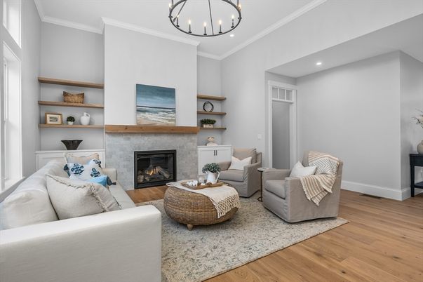 Fireplace, Interior, Living room, Pendant Lights, Recessed Lighting, Wood Texture Flooring