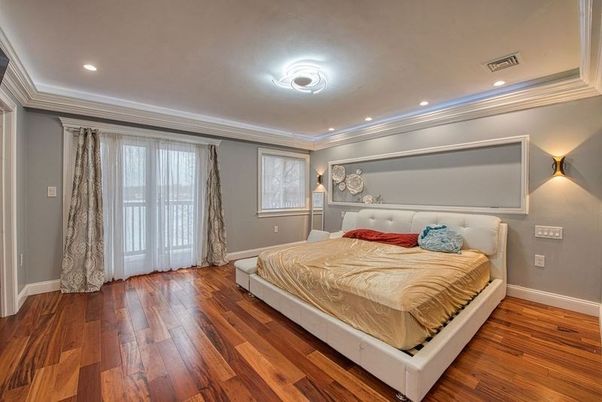 Bedroom, Interior, Recessed Lighting, Wood Texture Flooring