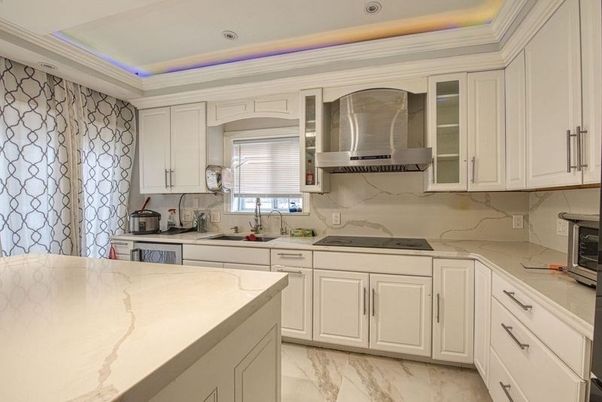 Interior, Kitchen, Marble, Marble Walls, Recessed Lighting, Stainless Steel Appliances