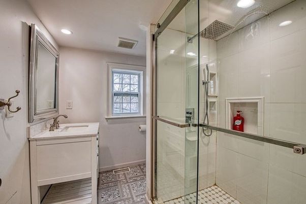 Bathroom, Glass Shower, Interior, Recessed Lighting, Wood Texture Flooring
