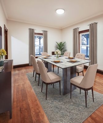 Dining room, Interior, Recessed Lighting, Wood Texture Flooring