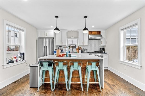 Interior, Kitchen, Pendant Lights, Recessed Lighting, Stainless Steel Appliances, Wood Texture Flooring