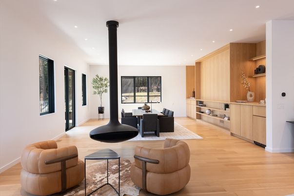 Dining room, Interior, Living room, Recessed Lighting, Wood Texture Flooring