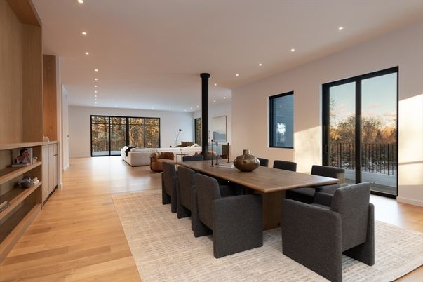 Dining room, Interior, Living room, Recessed Lighting, Wood Texture Flooring