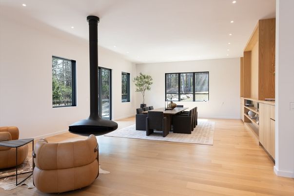 Dining room, Interior, Living room, Recessed Lighting, Wood Texture Flooring