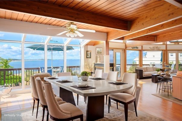 Dining room, Interior, Sun Room, Water, Wooden Beams, Wooden Ceilings, Wood Texture Flooring