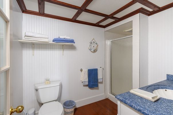 Bathroom, Glass Shower, Interior, Wood Texture Flooring